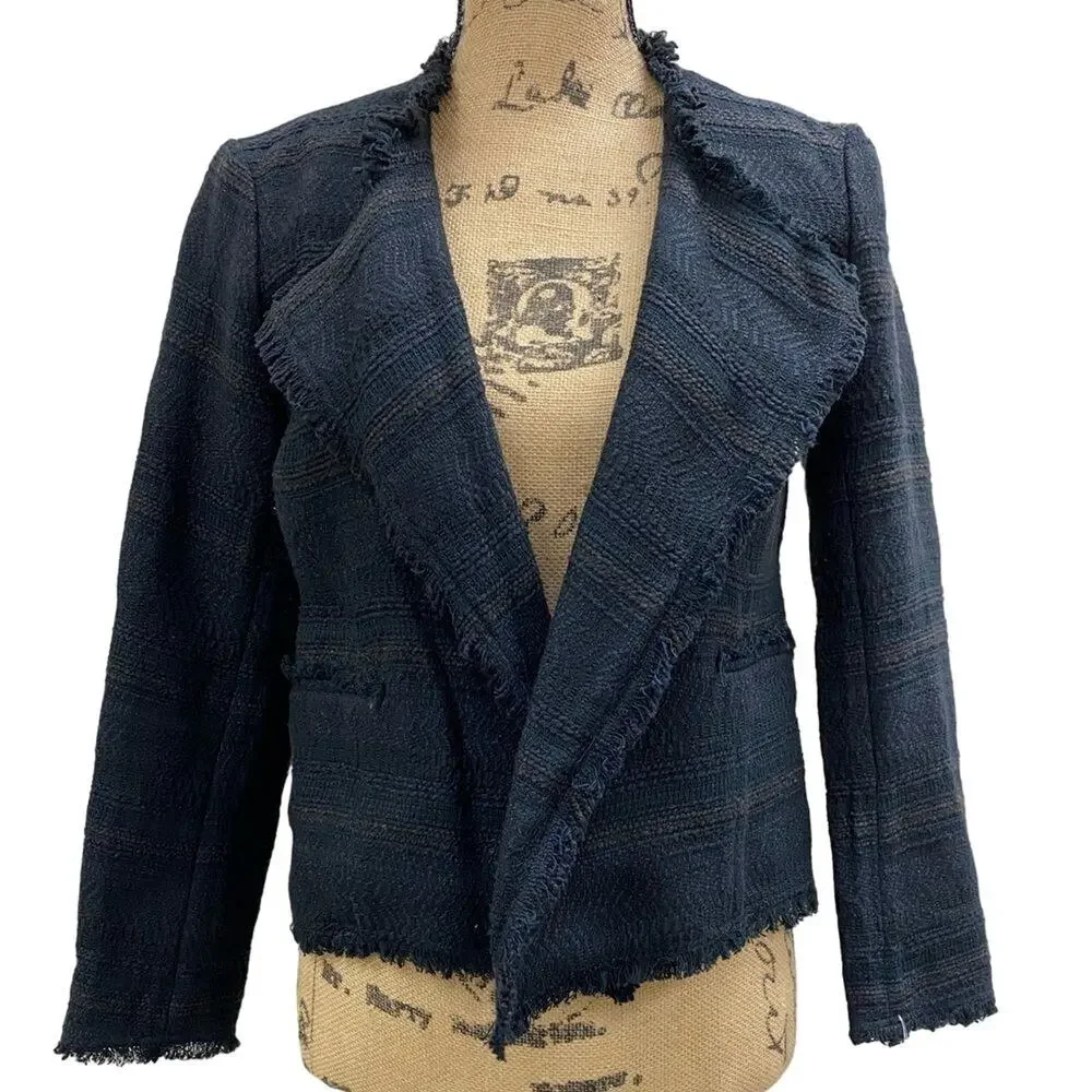 Ann Taylor navy and black woven open front raw seams blazer